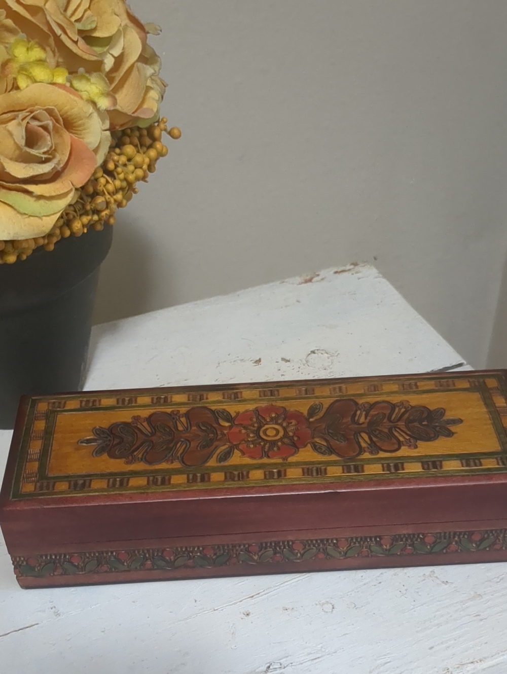 Pyrography Vintage Hand-Painted Floral Wooden Box